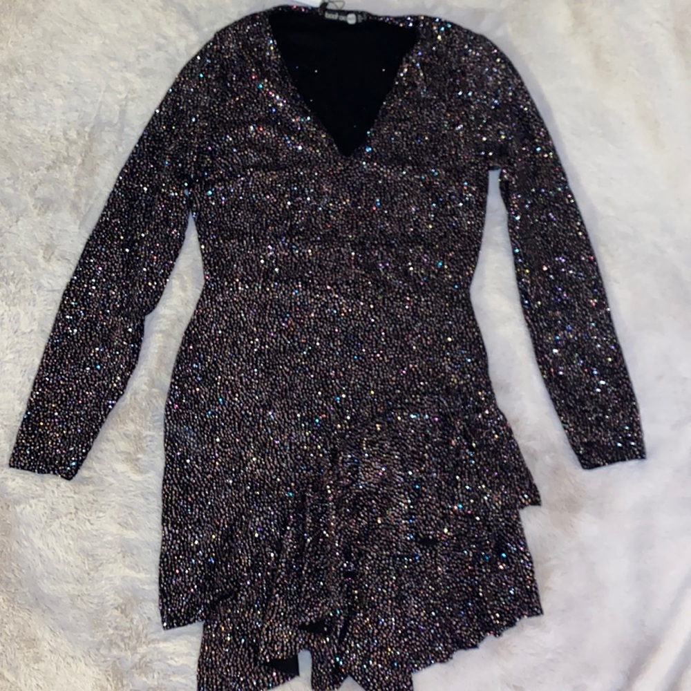 Boohoo Black multi color glitter asymmetrical  ruffle mini dress US 10 / UK 14